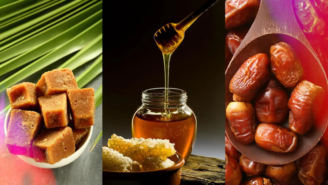 Image of natural sweeteners including whole dates, a piece of jaggery, and a jar of honey with a honey dipper